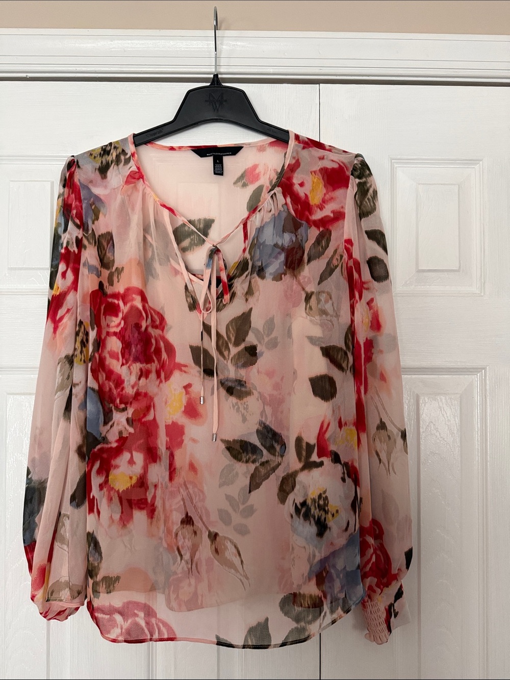 White House Black Market Sheer Peach Floral Tie-Neck Blouse